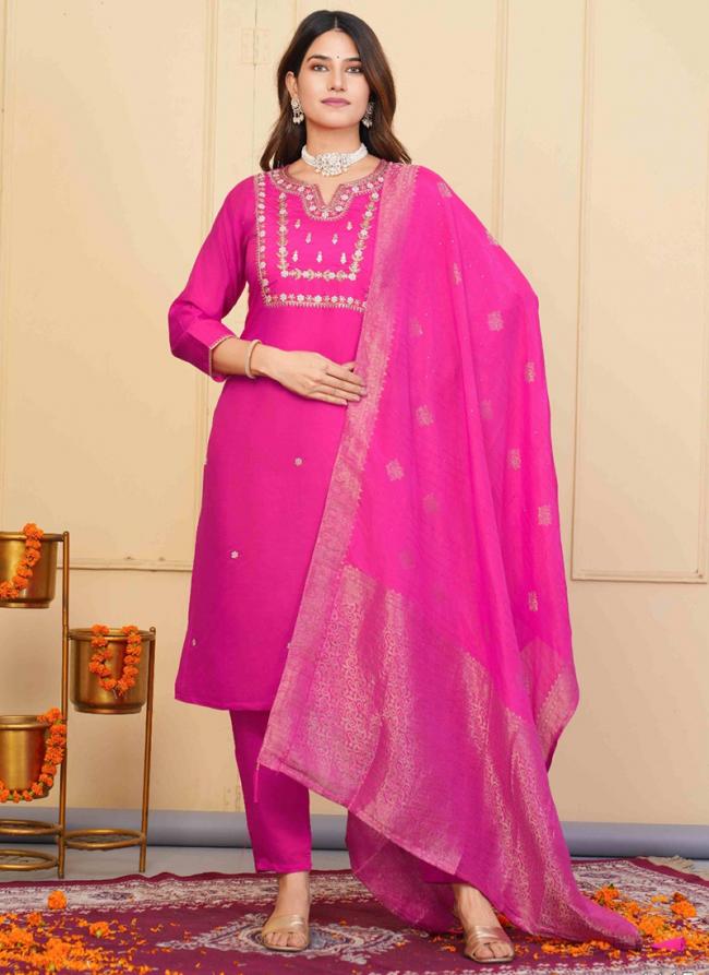 Viscose Chanderi Rani Casual Wear Sequins Work Readymade Suit